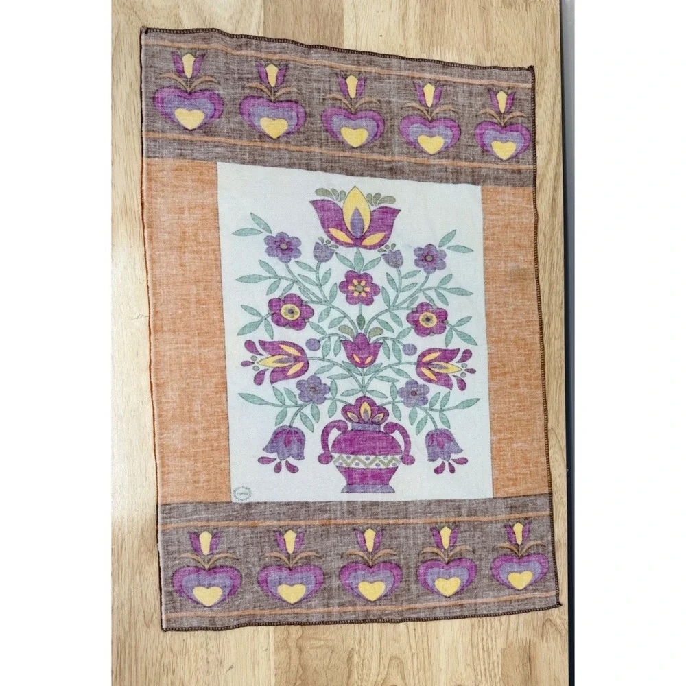 Vintage‎ Gunes Turkish Folk Art Tea Towel Floral Linen Wall Hanging 70s #67